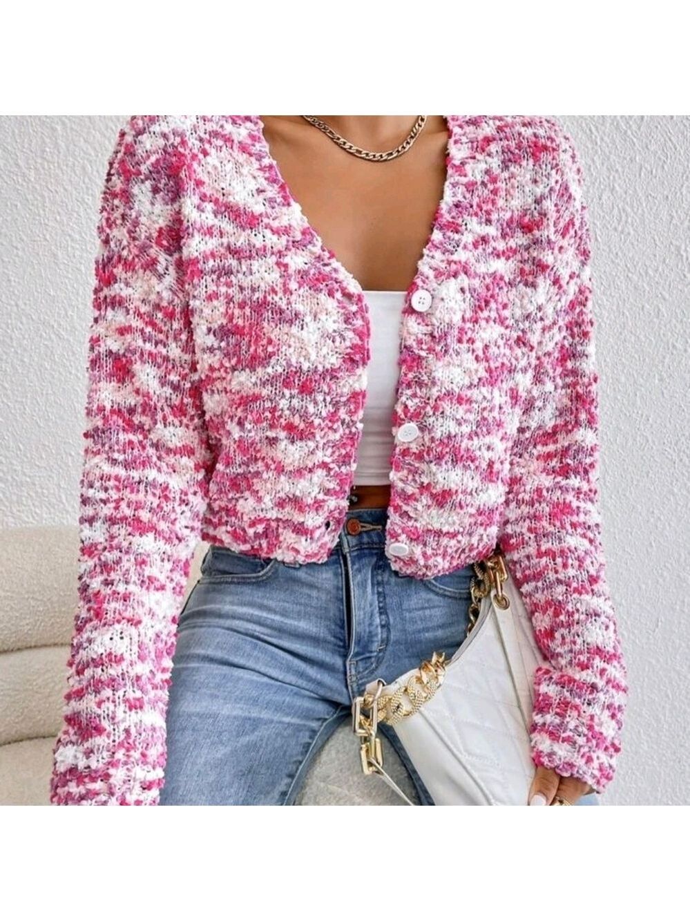 Colorblock Popcorn Knit Cardigan Drop Shoulder Button Front Cropped Pink Small